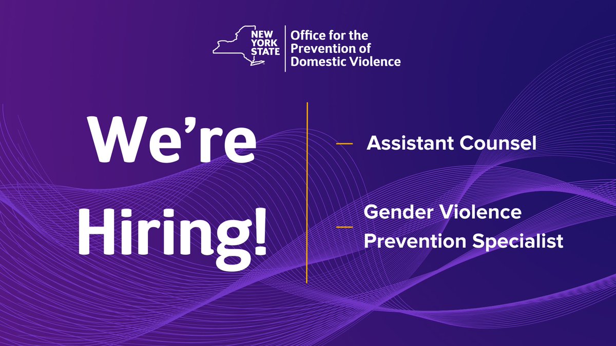 'We're Hiring! OPDV currently has openings for 2 positions: ◻️Assistant Counsel ◻️Gender Violence Prevention Specialist 1 📅Applications due May 14. 🔗Apply today: ow.ly/6IVe50RsrK1'