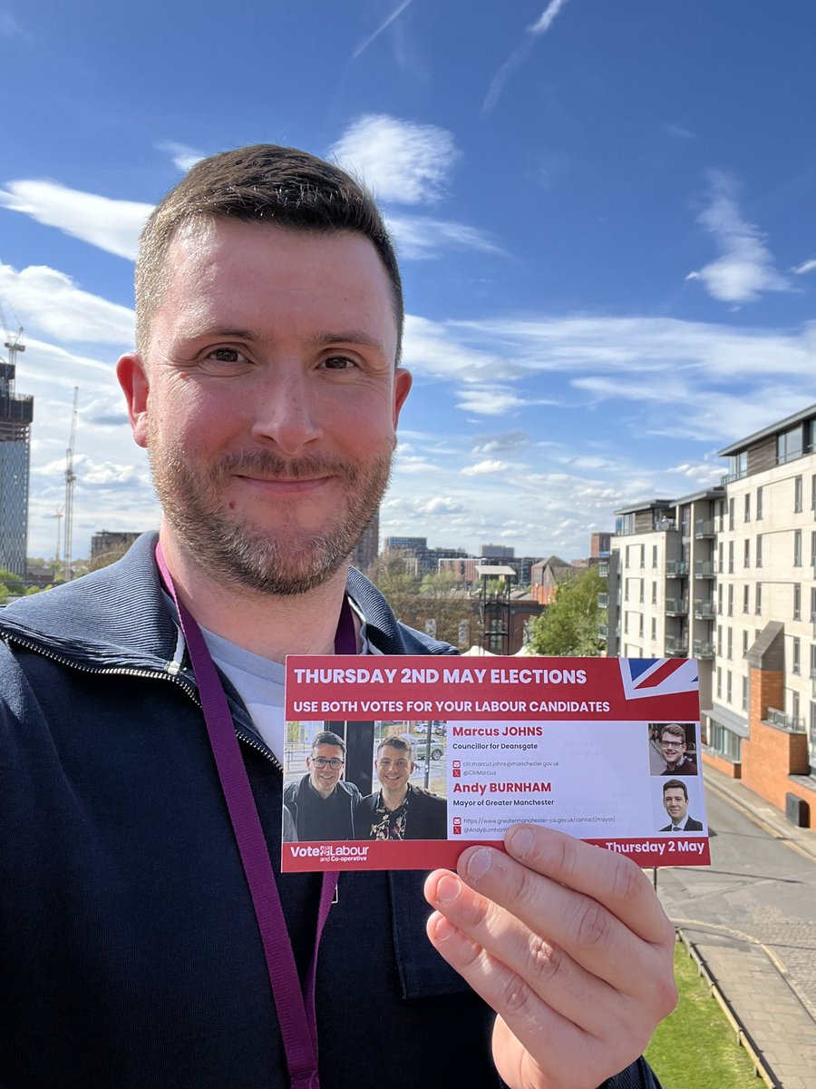 Out today in a sunny Manchester reminding Castlefield & Chinatown residents of the local elections on 2nd May and why the should support @CllrMarcus and @McrLabour