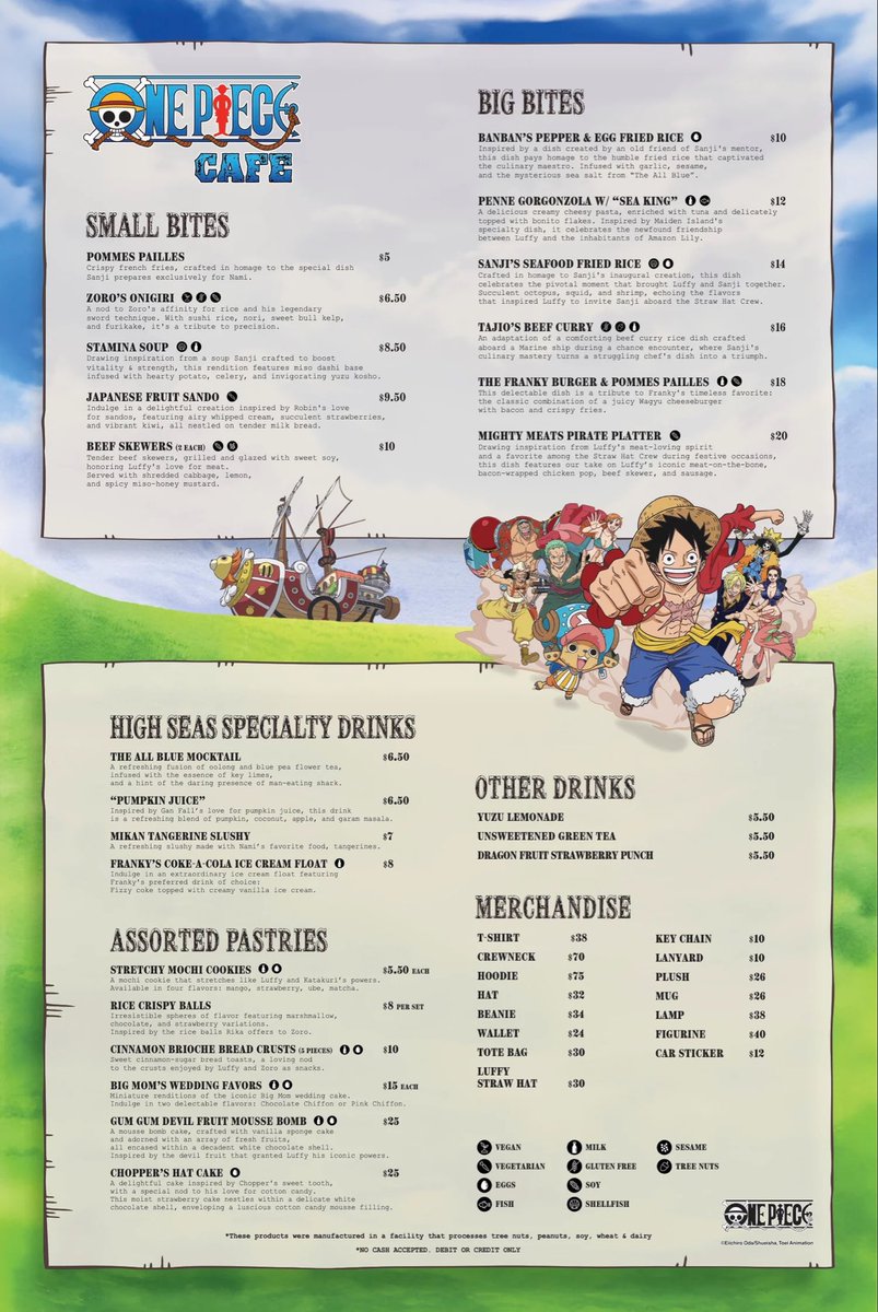 Time to eat! 🍴🏴‍☠️

Check out the #OnePieceCafe menu items highlighting the Straw Hat crew and key anime moments! #OnePiece