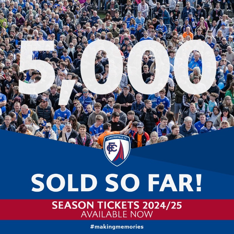 ChesterfieldFC's tweet photo. 5⃣,0⃣0⃣0⃣ 𝗦𝗘𝗔𝗦𝗢𝗡 𝗧𝗜𝗖𝗞𝗘𝗧𝗦 𝗦𝗢𝗟𝗗 🎉

We can officially confirm that over 5,000 season tickets have been sold ahead of our return to the @EFL!

Thank you all for your brilliant support 💙

Read more here ⬇️

#Spireites | #MakingMemories
