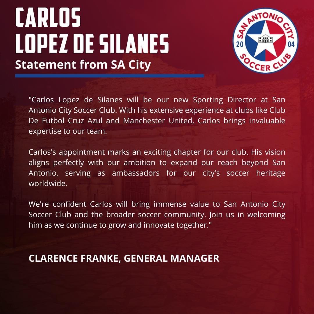 We’re excited to announce the addition of Carlos López de Silanes to San Antonio City Soccer Club! With an impressive career as Sports Director at Cruz Azul and Necaxa, and as 1st Team Scout for Manchester United, his expertise is unmatched! Welcome to SA CITY @cordobeslopez 🔴🔵