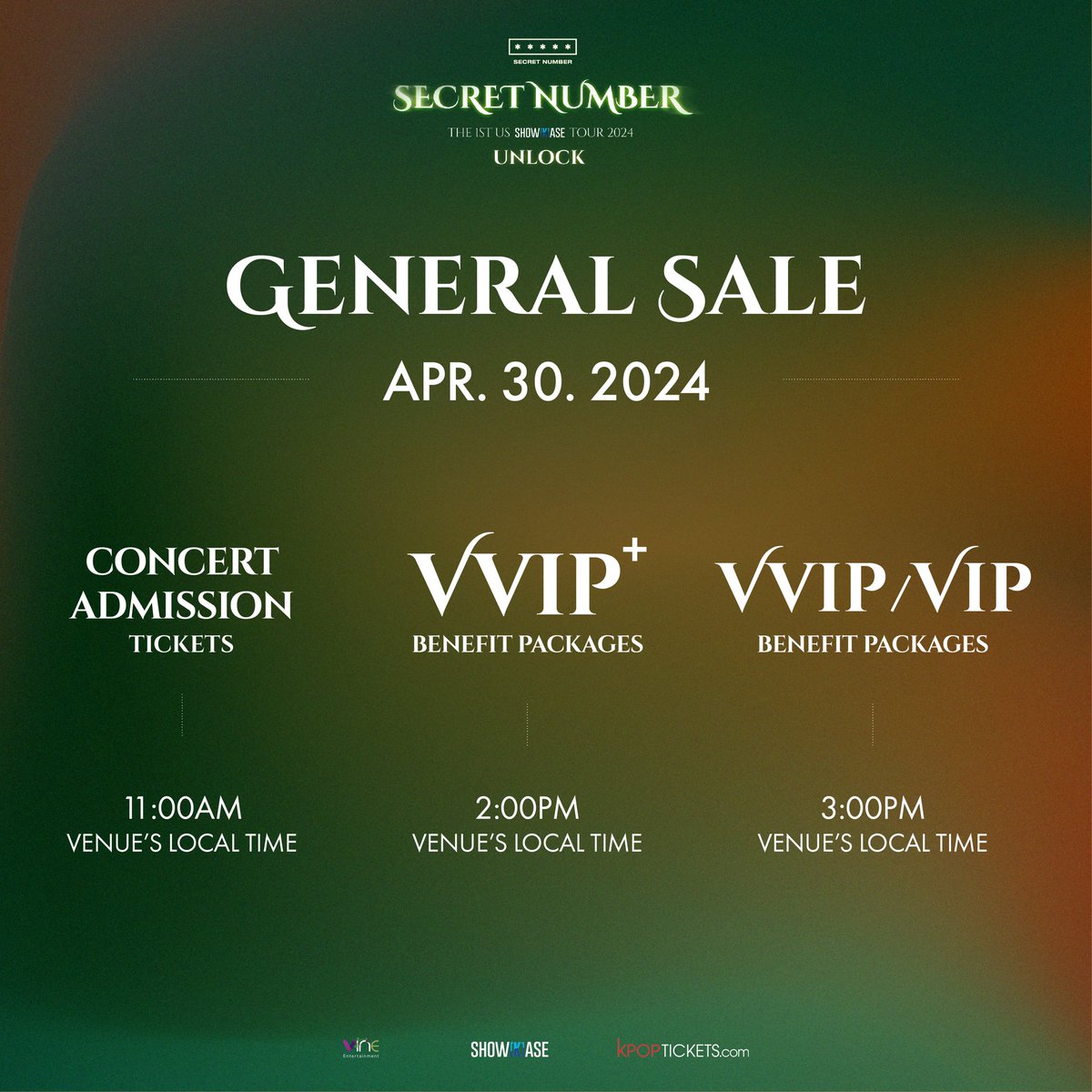#LOCKEY General Sale opens SOON!! Here's a reminder of the schedule! 🎟️ Concert Admission: 11:00AM 🌟 VVIP+: 2:00PM ✨ VVIP / VIP: 3:00PM ⚠️ LA and Seattle are still set to go on sale May 1st for pledgers and May 3rd for everyone!⚠️ #KPOP_ShowKase #SECRETNUMBER