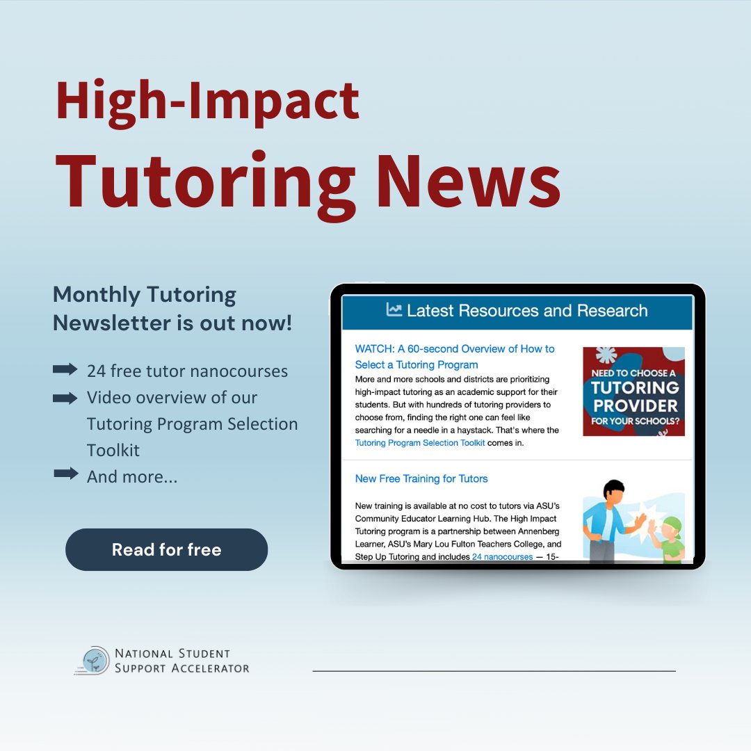 Our April High-Impact Tutoring Newsletter is out now!🗞️ We are sharing #tutoring: 💡24 free tutor nanocourses 💡Video overview of our Tutoring Program Selection Toolkit 💡Our Self-Assessment for tutoring providers mailchi.mp/studentsupport…