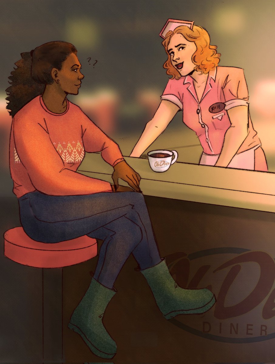 she's explaining the alex casey shipping dynamics to saga. saga is just here for the free coffee. thank u for trading with me @Charlet_Art !!! 🩷🩷🩷 #alanwake #rosemarigold #sagaanderson #fanart #illustration