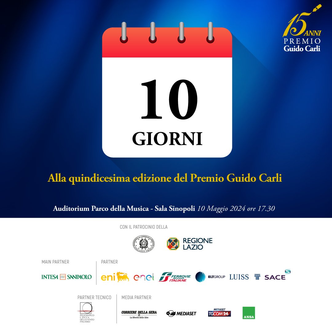 ⏳ Ci siamo! Mancano solo 10 giorni ⏳

#PremioGuidoCarli #XVEdizione #EdizioneStraordinaria #SalaSinopoli #Lavoro #Impegno #Eccellenze #Merito #Competenza @RomanaLiuzzo @gentilivero #OrnellaBarra #UrbanoCairo #FlavioCattaneo #ClaudioDescalzi #LuigiFerraris @andrea_illy