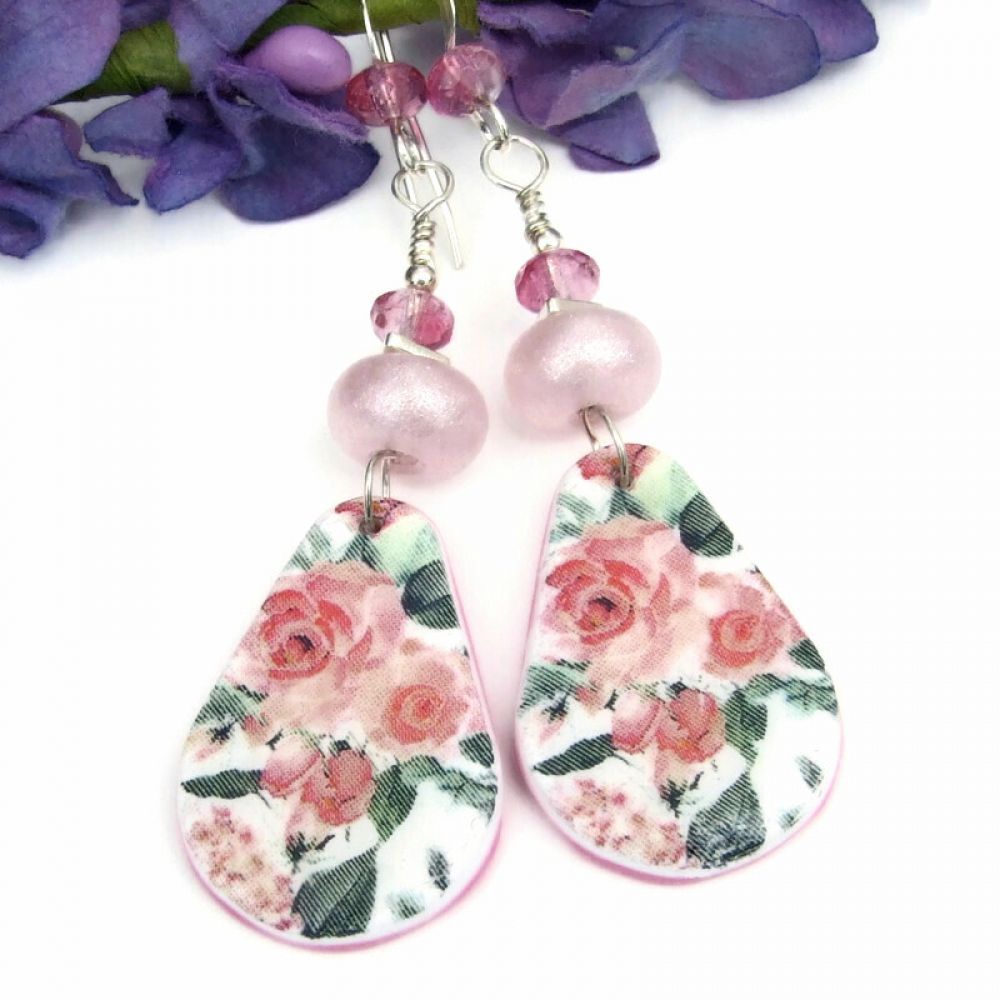 Pink #Roses #Earrings, #Flowers #Lampwork #Handmade Mothers Day Jewelry bit.ly/PinkRosesSD #cctag @ShadowDogDesign