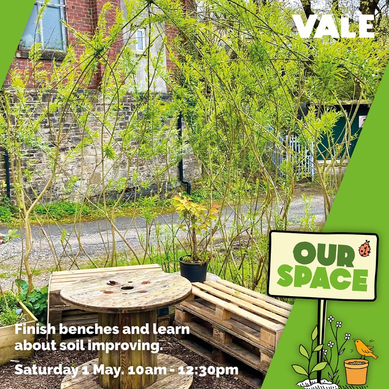 🌱 Finish benches and learn about soil improving. The Vale, Sat 4 May. 10am to 12.30pm. 🆓 It’s FREE. #FamilyFun #Family #OurSpace #Free #Mossley #InTameside #MossleyFreeActivities #TheValeMossley #Soil #Benches #WoodWork