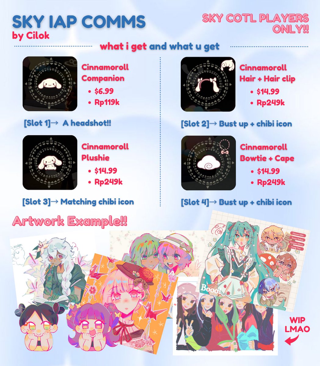 sabuncucilok's tweet photo. Help RT!! Hai I’m opening #skychildrenofthelight commission for the cinnamoroll x #skycotl iap cosmetics😿🩵✊
Pls DM me if you are interested!! (Hopefully anyone is interested)
#sky星を紡ぐ子どもたち #thatskygame #skycommission #commissionart #commisionsopen #commissionart https://t.co/Hcz5nhMdyc