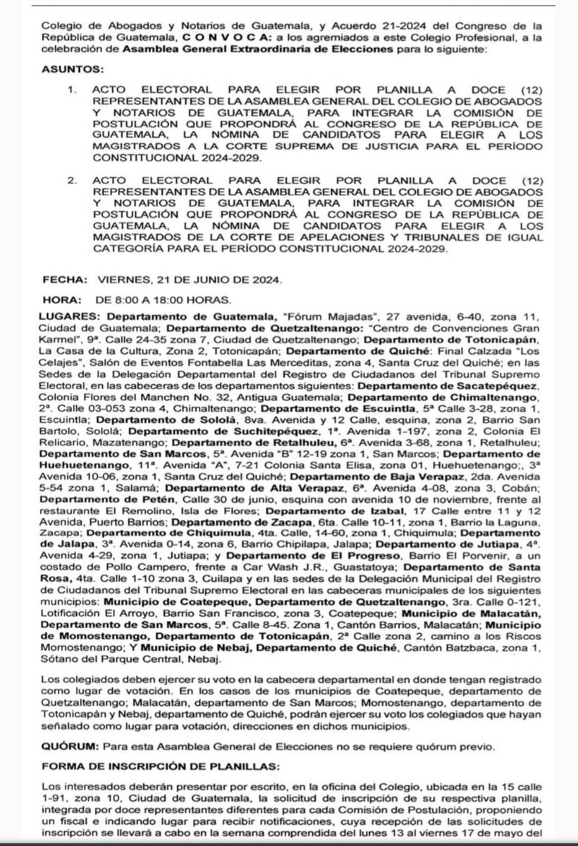 📰👁️👁️ ¡Atención! El Colegio de Abogados y Notarios de Guatemala (CANG) convoca a Asamblea para elegir a los 12 representantes de las Comisiones de Postulación para magistrados de las altas cortes. La elección será el 21 de junio. #LaMiraEnLasCortes 🏛️🗳️