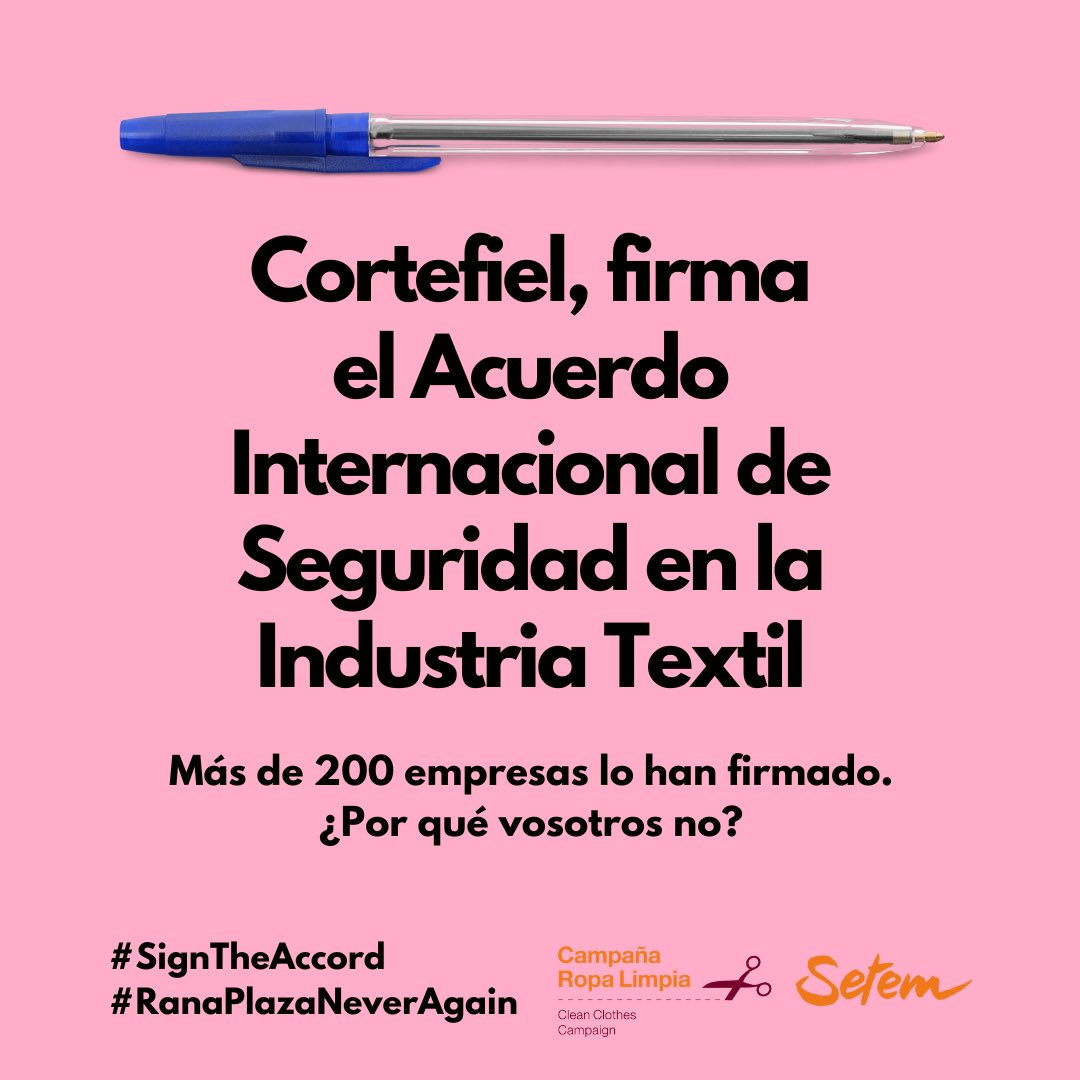 👷‍♀️La seguridad en las fábricas es lo mínimo en materia de derechos laborales y humanos.
👉@Cortefiel_es firma el Acuerdo Internacional para garantizar la seguridad de las personas que confeccionan vuestra ropa en 🇧🇩 y 🇵🇰 
#RanaPlazaNeverAgain
#SignTheAccord
#RopaDefectuosa