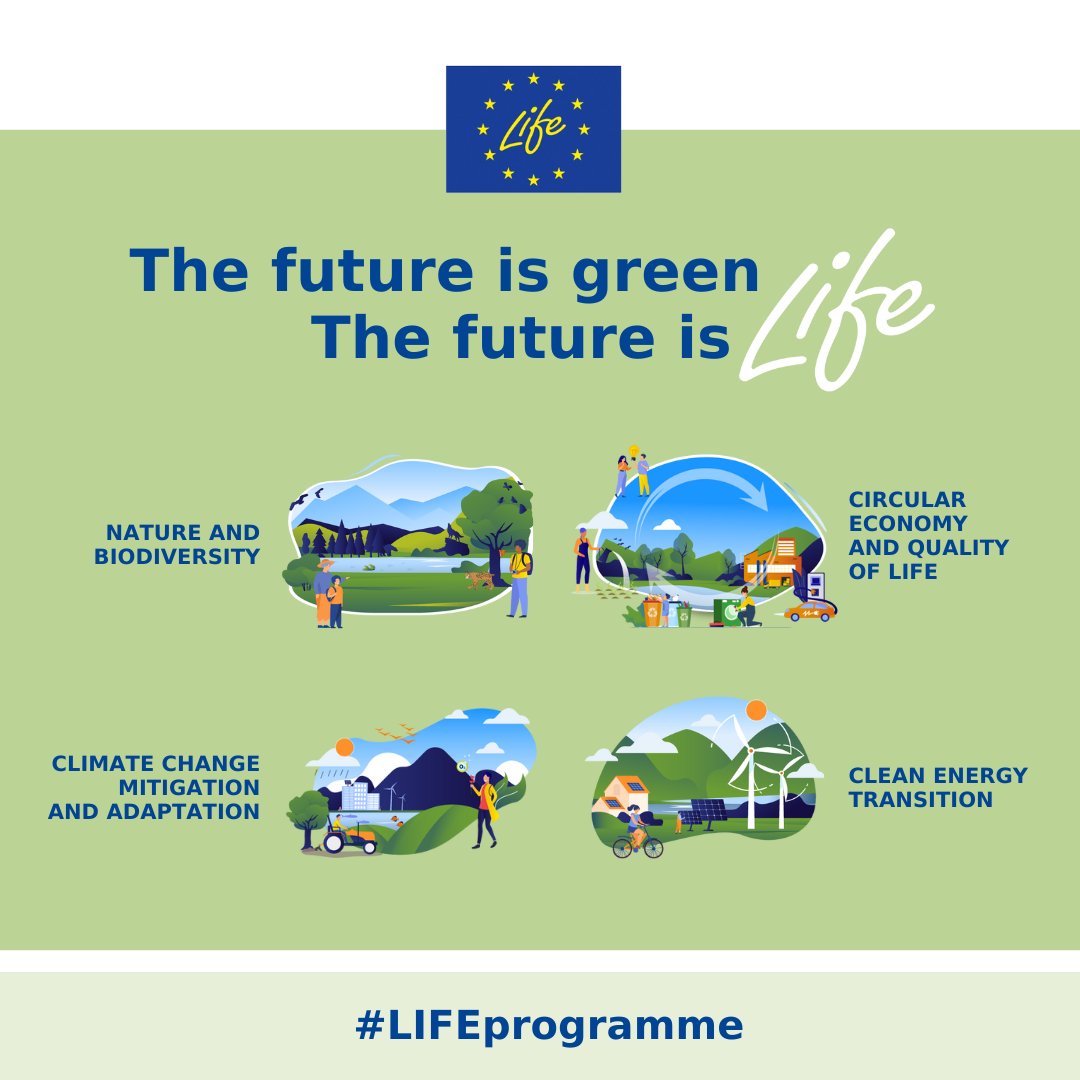 The future is green! The future is LIFE!💚

€571 million are available for #LIFEprojects focused on environmental conservation🌲 and combating #ClimateChange⚡️

Check out our NEW leaflet📃 &amp; discover what the #EULife24 call for proposals is all about:  europa.eu/!RjDKny
