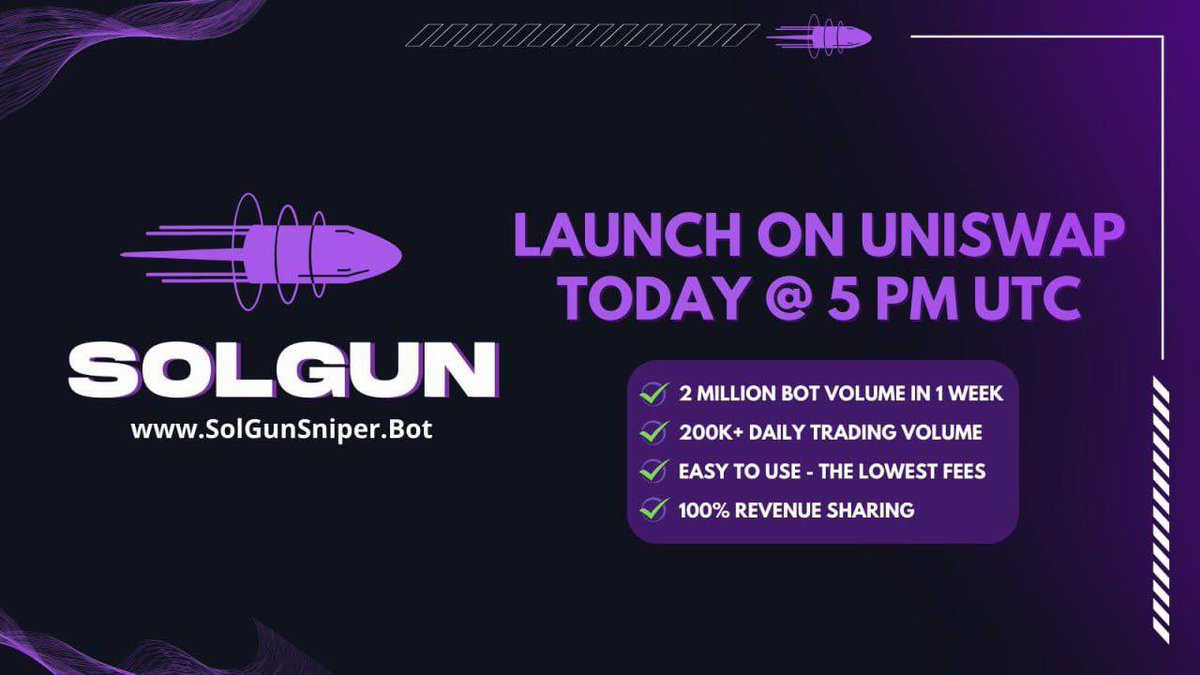 PRELAUNCH : $SOLGUN (ETH) 

SolGun bringing live a huge bot upgrade and celebrate it with ETH token launch today 5 PM UTC 

Insane hype and fomo around the launch! Low starting MC ~ 60k with 5/5 tax. 

2 Million Bot Volume in 1 week
200k+ daily trading volume
Easy to use - The