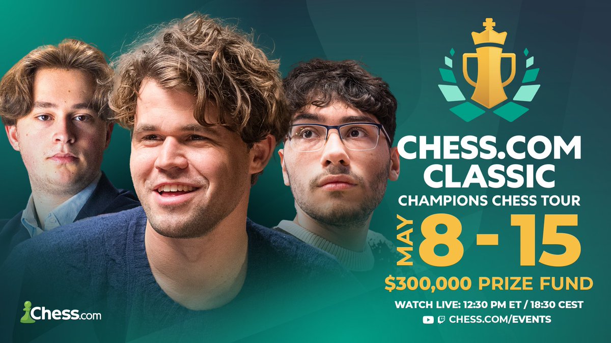 Introducing the Chess.com Classic, the latest addition to the 2024 #ChessChamps!

🗓️ May 8 - 15 
♟️ @MagnusCarlsen, @AlirezaFirouzja, @VincentKeymer04, @lachesisq, @LevAronian, Denis Lazavik, and Alexey Sarana pre-qualified 
💰 $300,000 prize fund

Learn more here:…