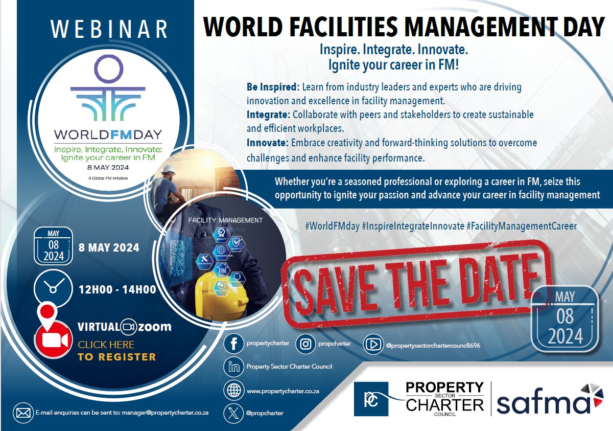 SAVE THE DATE: WORLD FACILITIES MANAGEMENT DAY Join us for our webinar:
🗓️ Date: 8 May 2024 🕛 Time: 12:00 PM - 02:00 PM 📍 Venue: Zoom (Virtual) 🔗 

Registration Link:  us02web.zoom.us/webinar/regist…

#WorldFMday #InspireIntegrateInnovate #FacilityManagementCareer 🌐🏢