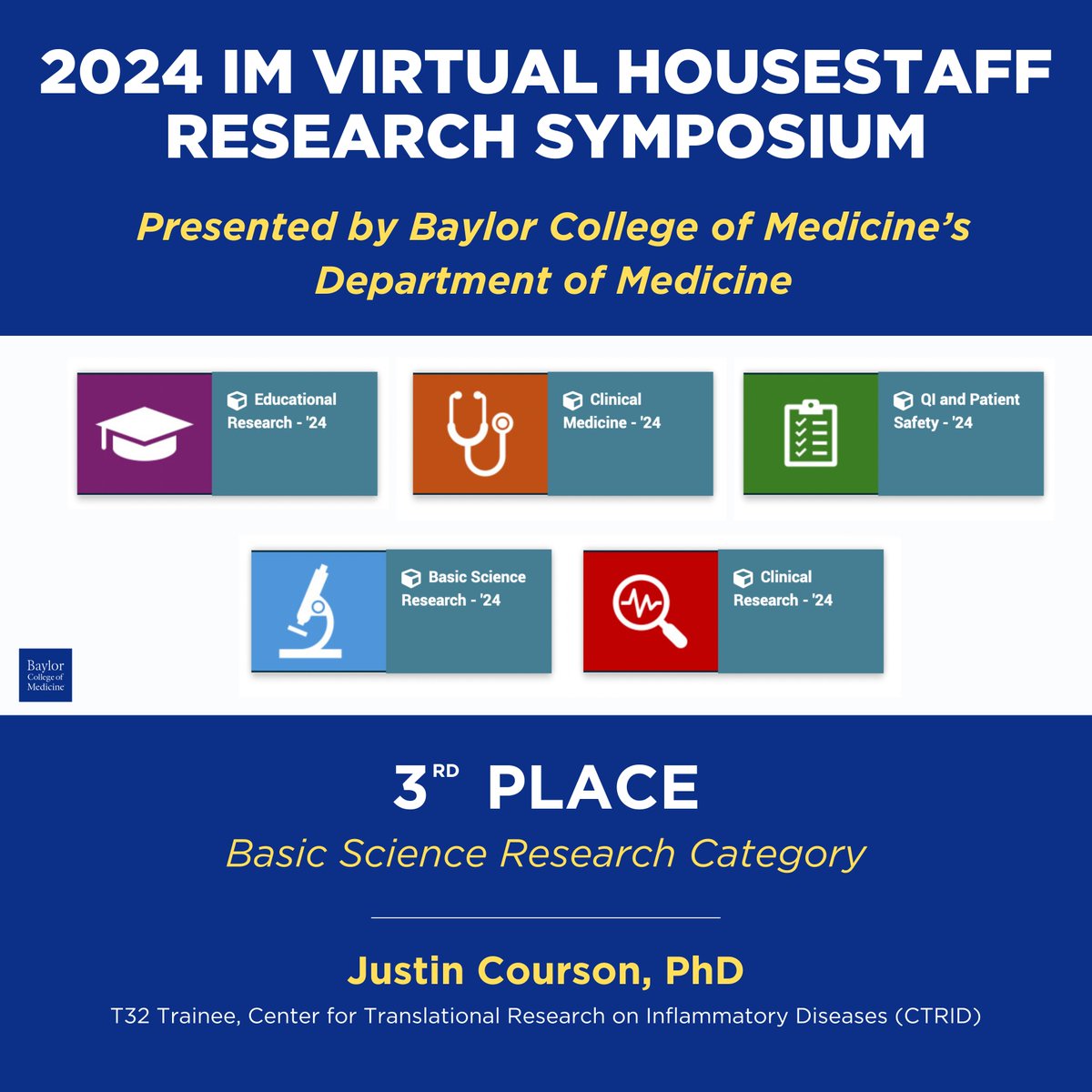 #CTRID #T32 Trainee Dr. Justin Courson won 3rd place in the basic science research category at the <a href="/BCM_InternalMed/">BCM IM Residency</a> 2024 Virtual Housestaff Research Symposium, for his poster, "Impact of Obesity &amp; Age on Mouse Corneal Innervation at the Epithelial-Stromal Interface"!