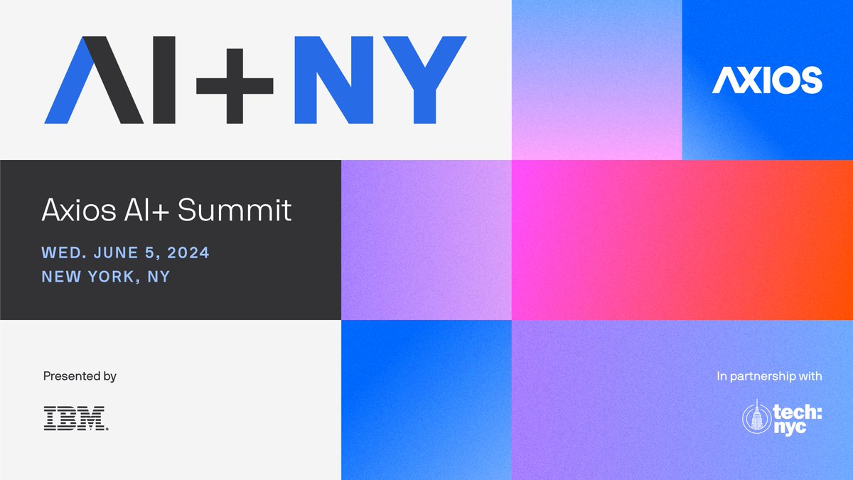 A little project I've been working on: <a href="/axios/">Axios</a> has teamed up with <a href="/TechNYC/">Tech:NYC</a> to bring its AI+ Summit to NYC for #TechWeek! 

Stay tuned for speaker announcements soon! Request an invite here: trib.al/aXb9xWg