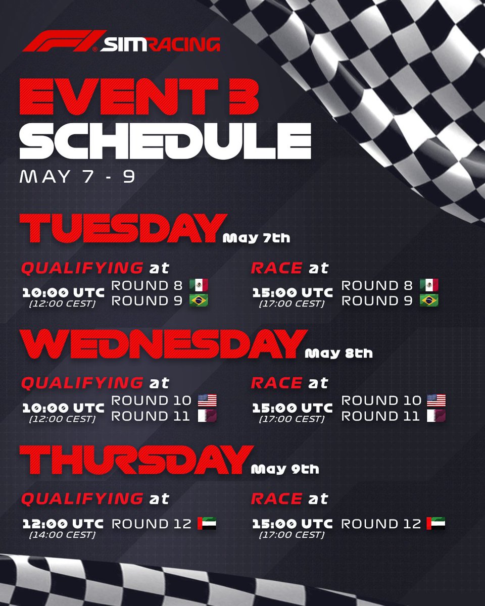 Only ONE week to go until we're back racing, and a CHAMPION will be crowned 😎 #F1Esports

📅 Print it out, screenshot it, and remember the dates because you don't want to miss this!