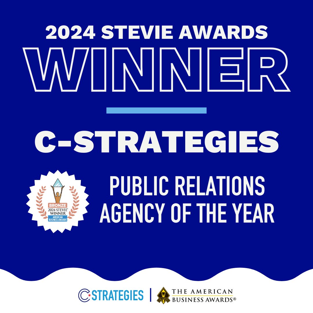 C-Strategies is a winner 🎉 We’re honored to receive a bronze medal for Public Relations Agency of the Year from @TheStevieAwards! After a busy year of growth for  #TeamCStrategies, we’re so grateful for this recognition.