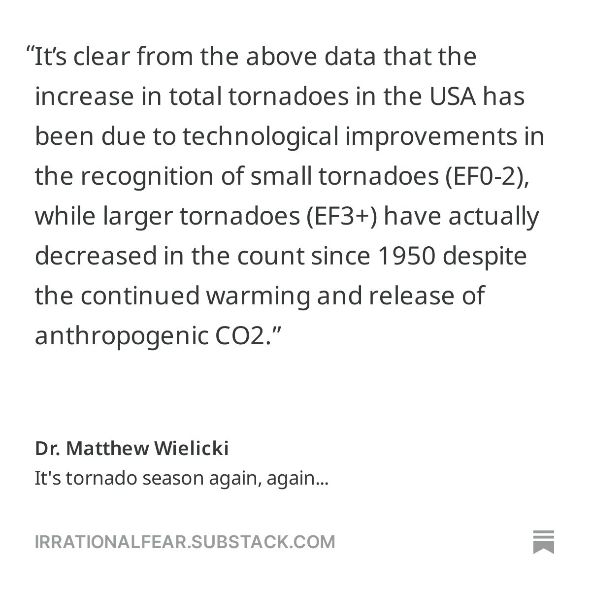 It's tornado season again, again... Does climate change influence the frequency and intensity of tornadoes in the USA by @MatthewWielicki Read the full FREE article here: irrationalfear.substack.com/p/its-tornado-…
