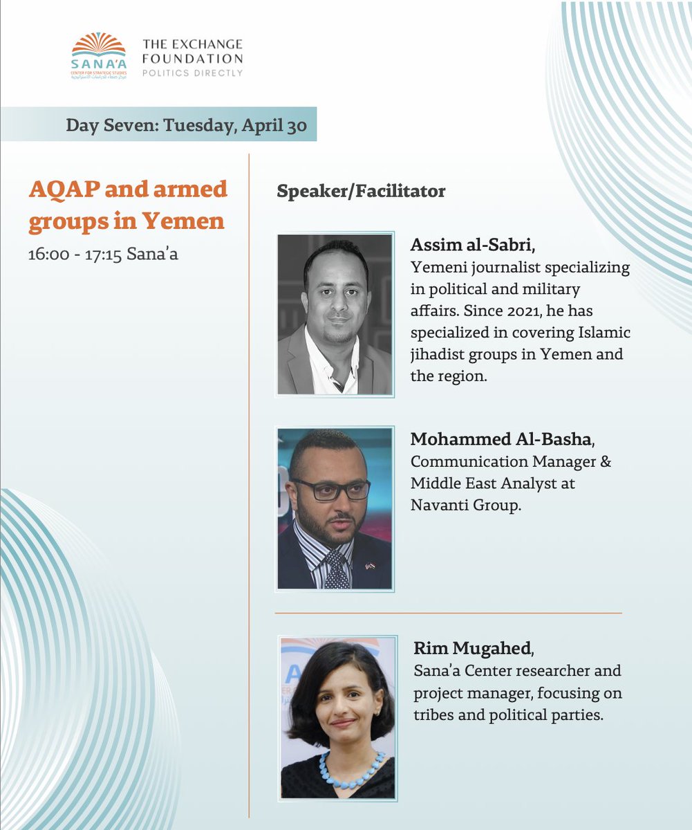 Day 7 began with a deep-dive on the current state of #AQAP and other armed groups in Yemen, courtesy of @AsemTahaAlSabr and @BashaReport. Moderated by @rim_mugahed.