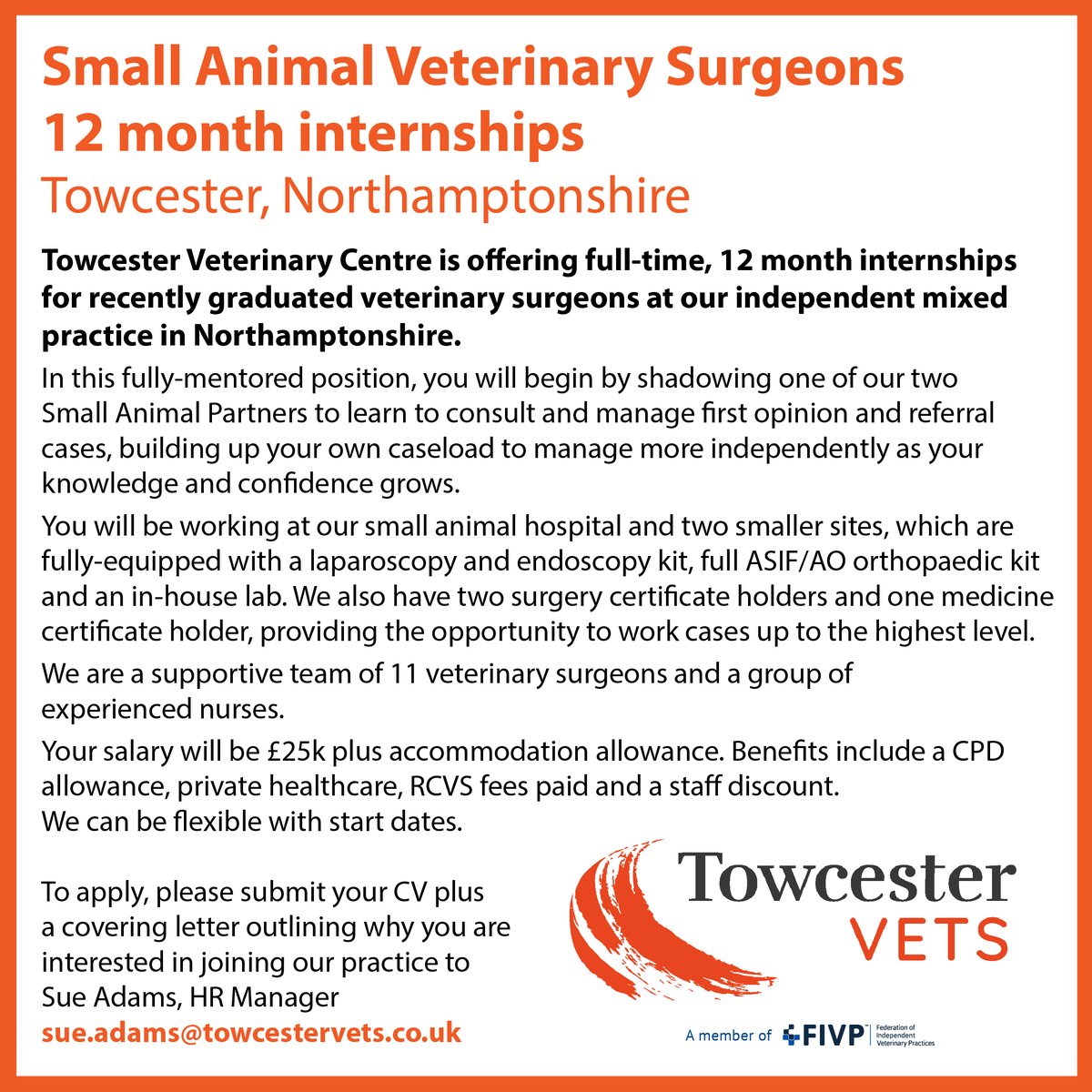 An exciting opportunity for newly graduated vets!  Towcester Vets is offering 12 month internships at their practice in Northamptonshire.

You will benefit from excellent mentorship at this well-equipped animal hospital.

#veterinarycareers #independentpractice