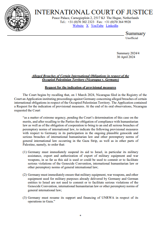 READ HERE: a summary of the #ICJ Order delivered today on the request for the indication of provisional measures submitted by Nicaragua in the case #Nicaragua v. #Germany tinyurl.com/msp3jnak