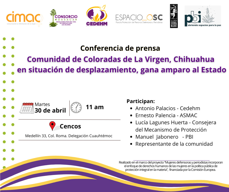 📢 ¡ Hoy !   

¡Únete a la conferencia sobre la comunidad de Coloradas de La Virgen en #Chihuahua! Han ganado un amparo crucial frente al Estado por su situación de riesgo y desplazamiento

⏰11:00 hrs
📺Transmisión @cencos
📍Presencial: Medellín #33 Roma Nte, #CDMX