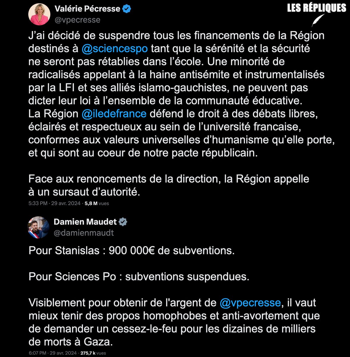 La présidente de la région Ile-de-France @vpecresse, qui en 1991 occupait l'ENA afin de protester contre un projet de déménagement, a 'décidé de suspendre tous les financements de la Région destinés à @sciencespo' suite au rassemblement d'étudiants protestant contre le génocide…