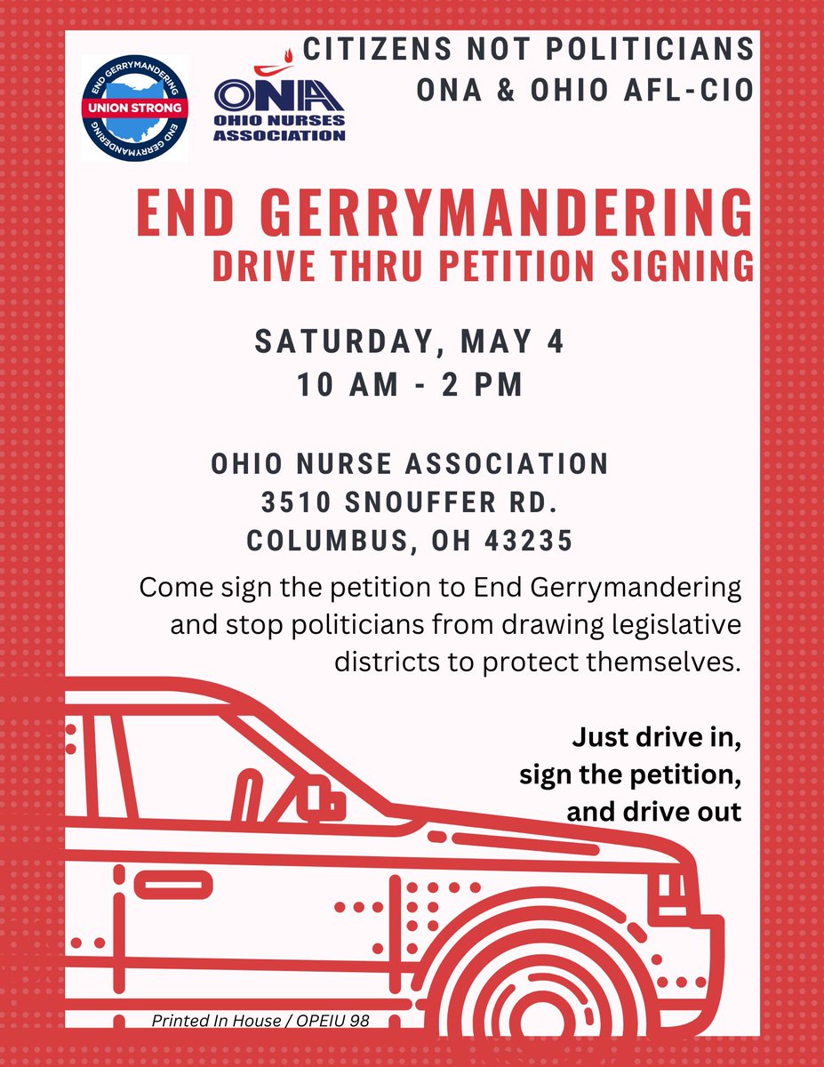 This is our moment to drive change—literally! Join me at @OhioNursesAssoc first-ever drive-thru petition signing event to end gerrymandering in Ohio. Date: Saturday, May 4th Time: 10 AM to 2 PM Location: New ONA Headquarters, 3510 Snouffer Road, Columbus, Ohio 43235