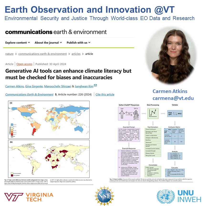 ********* NEW PAPER ALERT *********** Published in NATURE @CommsEarth. Carmen Atkins (@carmen_atkins ) of @EOI_lab at @vtgeosciences examines @ChatGPTapp impact on global #climate literacy. We find #GAI must be scrutinized for potential biases and inaccuracies.…