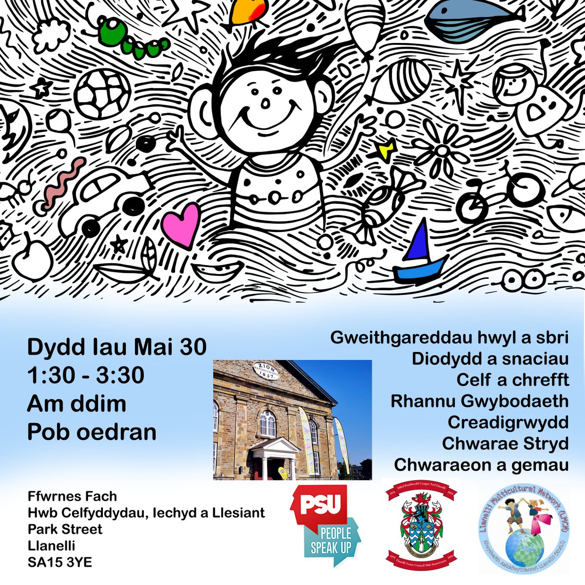 Cadwch y dyddiad! 
Dydd Plant Rhyngwladol 2024 🎉

Gwyl Dathlu'r Gymuned
PSU, Llanelli MulticulturaNetwork & Llanelli Town Council
📆Dydd Iau 30 Mai, 1.30pm-3.30pm

📍Ffwrnes Fach, Hwb Celfyddydau, lechyd a Llesiant, Llanelli
AM DDIM
Gweithgareddau hwyl a sbri

#llanelli #celf