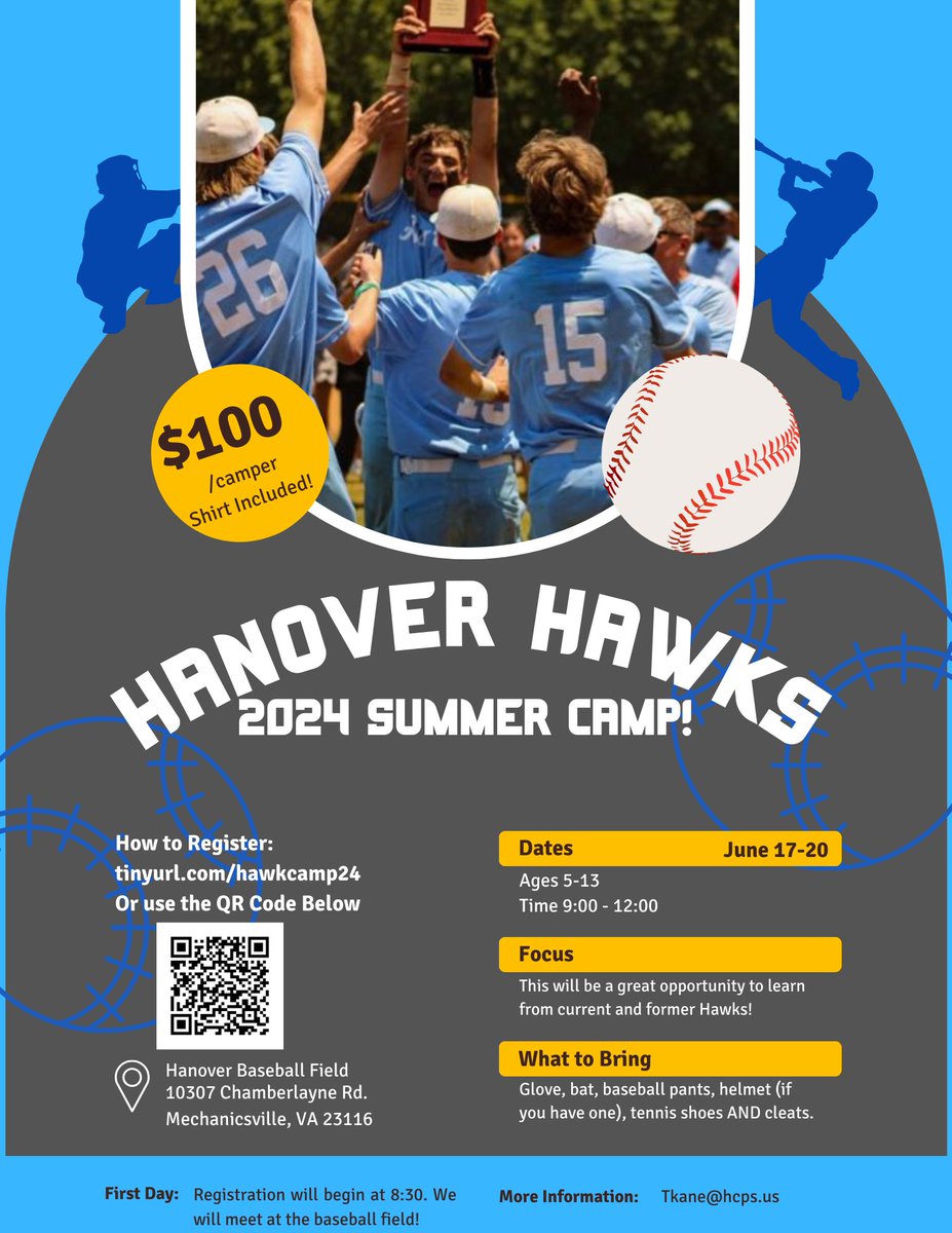 Future Hawks!! Summer is near and so is our Youth Camp! We will hold two camps this summer with our first taking place June 17-20. Camp will last from 9am-Noon. You can sign up at Tinyurl.com/HawkCamp24 or by using the QR Code below. #SquadUp