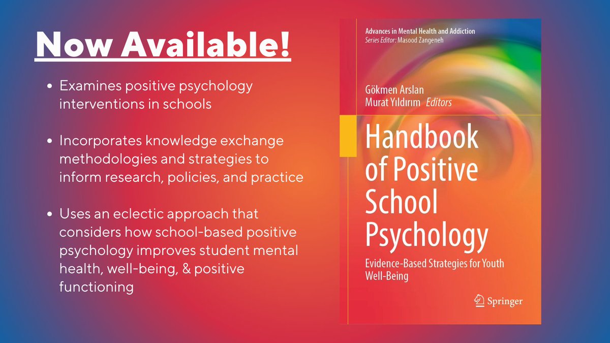 #JustPublished in the Advances in Mental Health and Addiction book series: HANDBOOK OF POSITIVE SCHOOL PSYCHOLOGY, edited by Gökmen Arslan & Murat Yıldırım! This handbook aims to help counsellors, teachers, & school leaders engage in a positive psychology research-based practice.