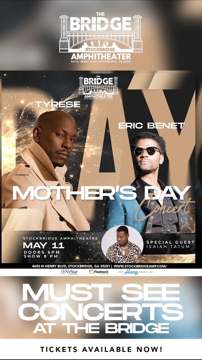 Come witness history for yourself on Saturday, May 11, 2024, at 8 pm at our Amphitheater! Superstars Tyrese and Eric Benet will take the stage for EPIC performances! Purchase tix now: freshtix.com/events/tyresse…