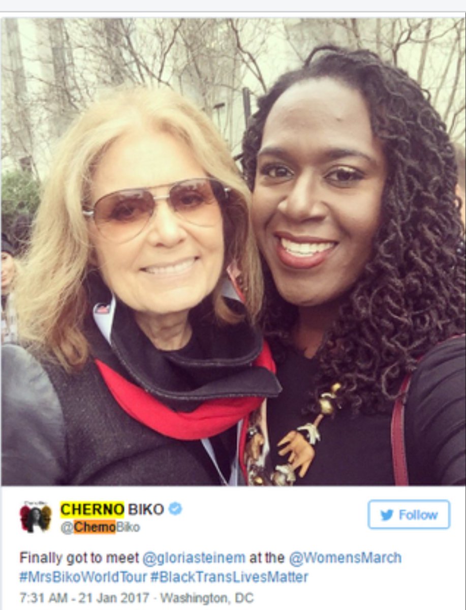 @whileursilent @icons_women Here’s #GloriaSteinem posing with a man who “identifies” as a woman at the inaugural woman’s March after he confessed to r@ping a woman who “identifies” as a man.