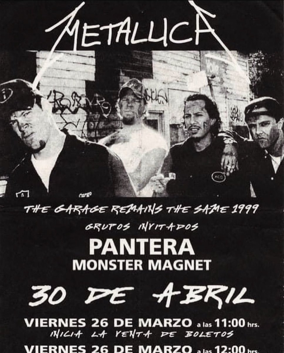 📆 En 1999, un día como hoy 30 de Abril, @Metallica se presenta en el Foro Sol de la Ciudad de México, México 🇲🇽. Tour: “The Garage Remains the Same”.
Junto a Metallica se presentan también @Pantera y @monstermagnetnj. 
#Metallica #TheGarageRemainsTheSame #METALLICASince1981