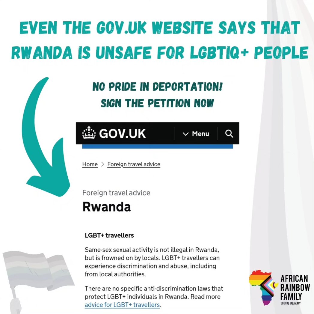 The dangers of #Rwanda for #LGBTIQ+ people have been recognised by the Home Office on multiple occasions, yet we still await any confirmation that this community will be protected from deportation. Sign our petition now to demand this protection: petition.parliament.uk/petitions/6521…