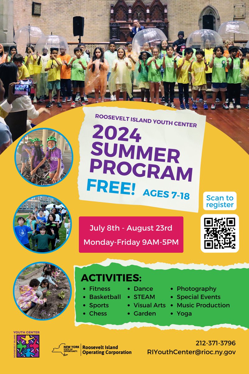 Don’t forget to register for the Roosevelt Island Youth Center’s 2024 Summer Program! The program is free for all Roosevelt Island residents ages 7-18. Registration will end on May 15th. Visit rioc.ny.gov/MyAccount/?fro…... to sign up online!