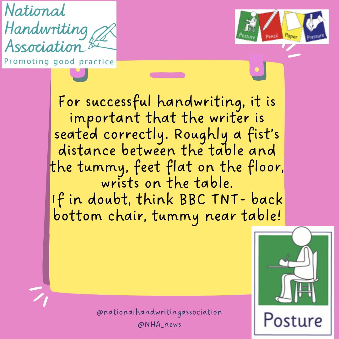 Today we focus on the first of the P Checks… Posture! Posture affects stability when seated for handwriting, it also impacts on comfort for the writer. Writers need to be positioned so that they have optimum posture for writing - BBC TNT! ✏️ #nationalhandwritingassociation