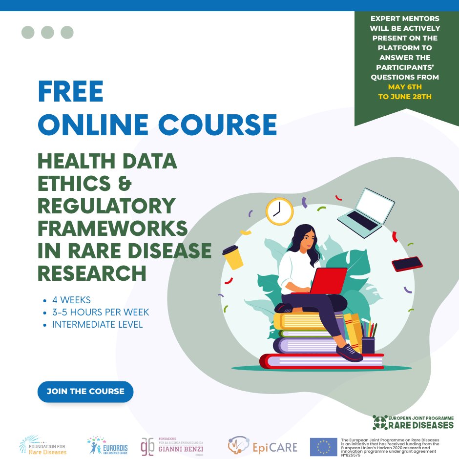 🚀The third @EJPRareDiseases MOOC on 'Health Data Ethics & Regulatory Frameworks in Rare Disease Research' is launching today! Join for an enriching learning experience with expert educators on hand to address your queries. 🔗 futurelearn.com/courses/health… #ERNeu #ERNs #HealthUnion