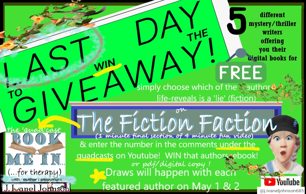 Final day to get in draw!Choose author(s)you'd like to watch (4 min. of fun!) & guess their 'lie'.Cozy-JinnyAlexander,Paran.cozy-KellyYoung,Susp.mystery author w cozy setting @FearIvanka,Global thriller @DaveWickenden & JL Lycette,Medical thriller. Link: youtube.com/@j.ivaneljohns…