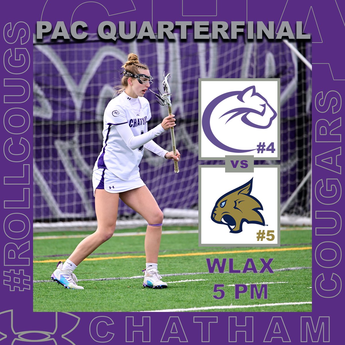 Tournament time for Women’s Lacrosse 😈🏆 🥍: vs. #5 Thiel 📍: UPMC Graham Field 🕐: 5️⃣ PM #RollCougs