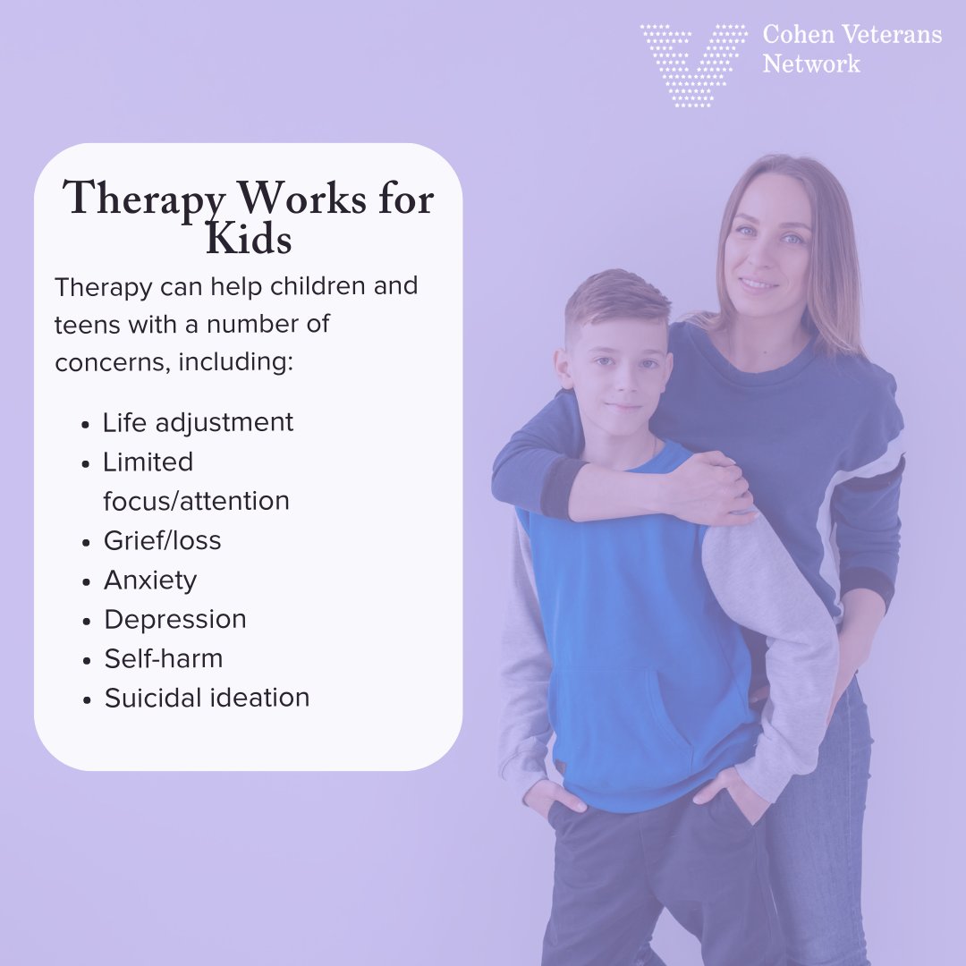 Military children and teens benefit from therapy! Just like adults, children may struggle with change. 

Our Cohen Clinic provides therapy for transitional challenges, anxiety, depression & more for children and teens of #militaryfamilies. 

bit.ly/3GBMQDD
(240) 847-7500