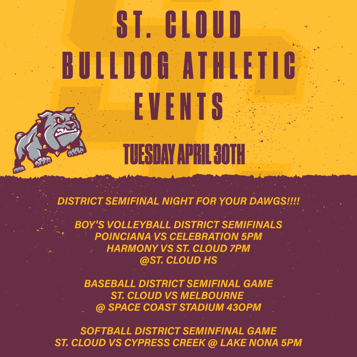 District Semi Finals for Boy's Volleyball, Softball and Baseball. Good luck to all. Let's take care of business and make it to Thursday!!! Go Dawgs!!!