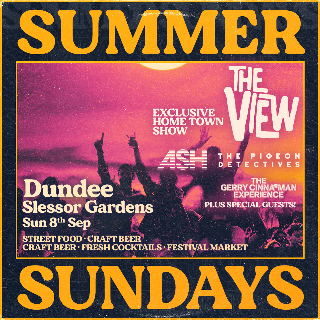 Summer Sundays music festival is coming to Slessor Gardens, Dundee on Sunday 8 September 2024. On the line-up: a hometown show from rock band The View, performances from Ash, Pigeon Detectives, The Gerry Cinnamon Experience and more. On sale now 🎫>>> bit.ly/3V5C6Gm