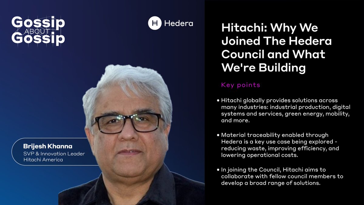 To kick off Season 6 of Gossip about Gossip, we welcome @Hitachi_US SVP & Innovation Leader Brijesh Khanna to discuss Hitachi's exploration of #web3: joining the #Hedera Council, real-world use cases, and Hitachi's commitment to digital transformation.

🎙️ hedera.com/podcast?wchann…