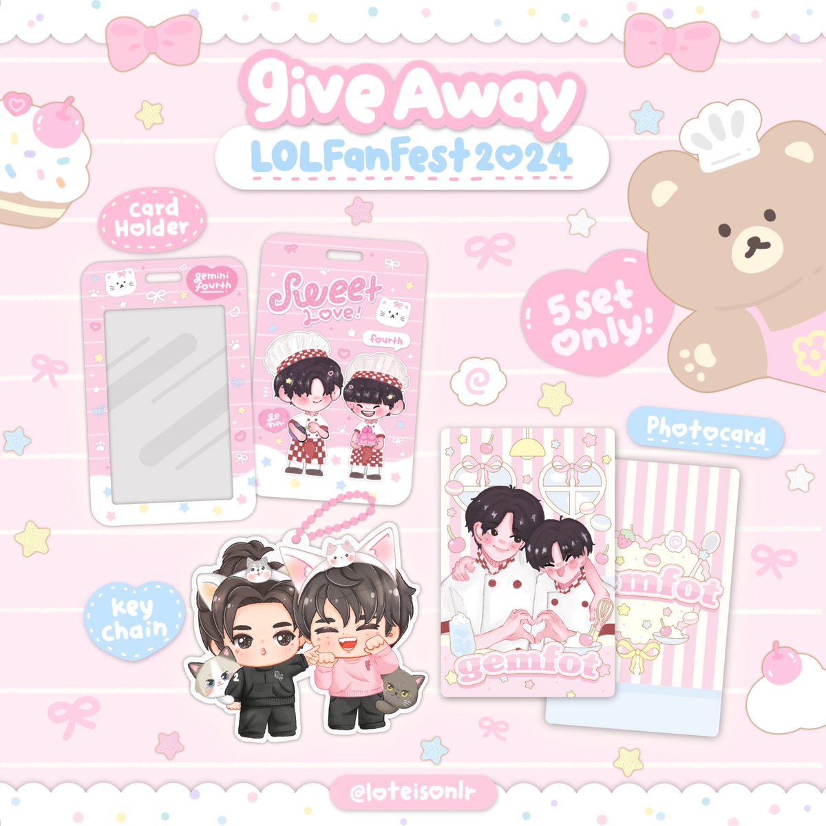 𓏸  ֯   pls kindly rt 🍥  ﾟ𓈒 
rt  +  show this tweet  ♥︎ 𓈒 

 ֺ  🫖 𓈒   𝙶𝙸𝚅𝙴𝙰𝚆𝙰𝚈  𝜗𝜚 ֺ 
𐙚 lol fanfest 2024.
𐙚 𝟻 𝚜𝚎𝚝 𝑜𝓃𝓁𝓎

❀  date : 19 may 2024
❀  location : impact arena 
❀  time : tba

𓈒 🧁 exchange dm ka 𑁤 ׁ ﾟ𓈒

#LOLFanFest2024
#GeminiFourth