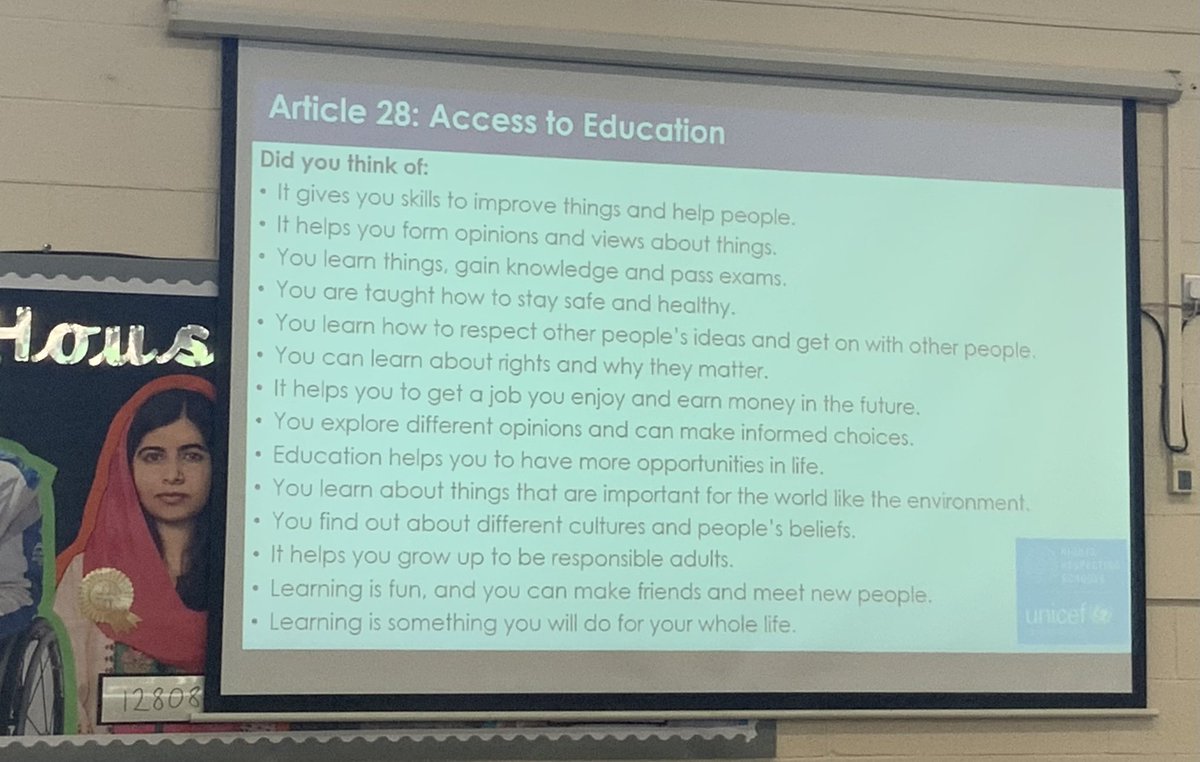 This morning we held our departmental meetings whilst @EllettMrs and Mrs Lasania led an assembly all about Article 28- Access to Education, including listening to @Malala one of our inspiring team captains @UNICEF