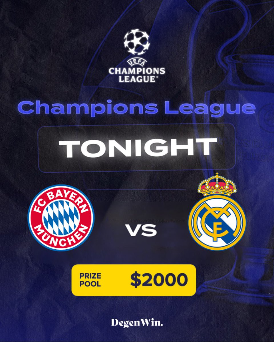 🏆 Join Now: @ChampionsLeague Night with #Degenwin! ⚽️

@FCBayernEN vs @realmadrid 

Compete for your share of a $2000 prize pool and secure your spot in the top 10. Imagine the thrill of starting your road to London with $2000 in your pocket! 💰✈️

Click below to join the action