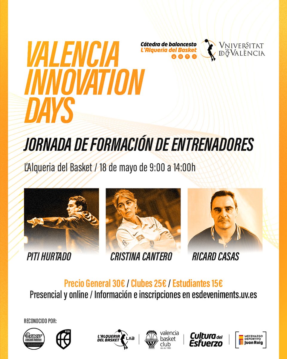 ¡Cartelazo! 🏀👨‍🏫 Cas 👉 @PitiHurtado, @Canteroostos y @ricardmenorca impartirán en el próximo ‘Valencia Innovation Day’ acortar.link/znqQjy Val 👉 acortar.link/rONBD5 Eng 👉 acortar.link/XBXkmg